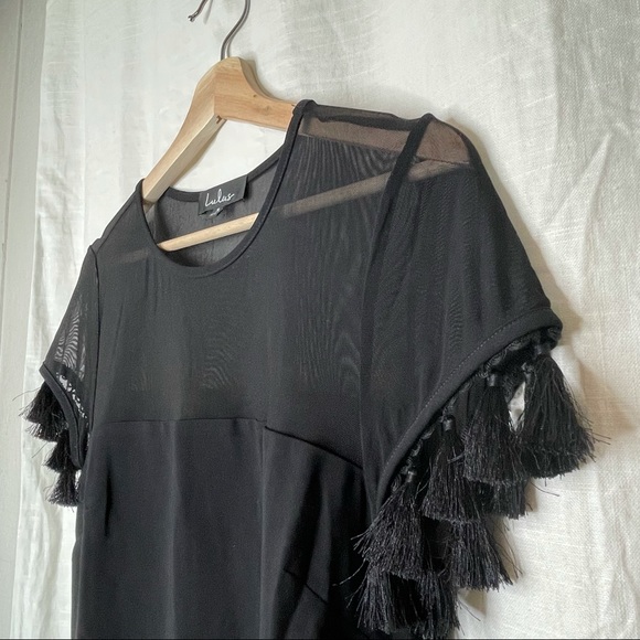 Lulus Iced Latte Black Tassel Mini Dress Sheer Short Shift - Picture 8 of 12
